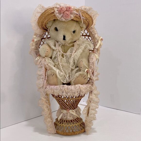 Vintage Victorian Style Teddy Bear in Lace Outfit Sitting In Wicker Chair - Picture 1 of 9